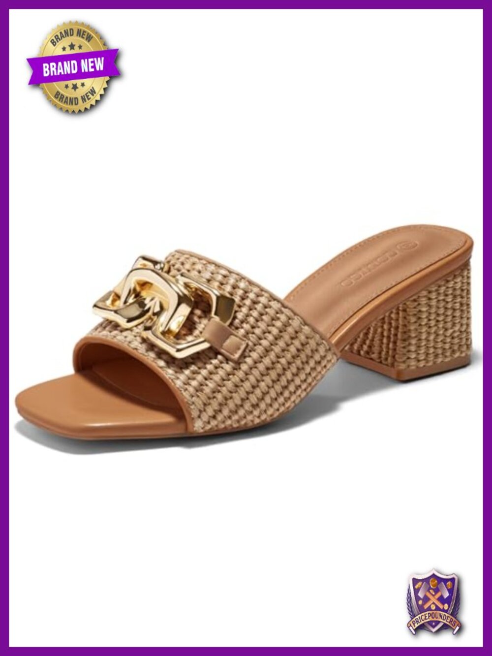 Raffia Slide Sandals Chunky Block Heeled Square Open Toe Metal Chain Slip On
